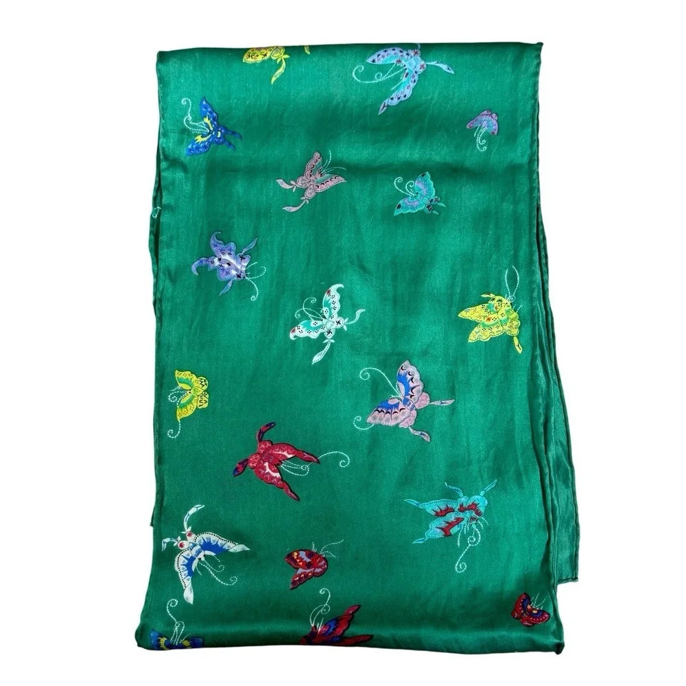 SMITHSONIAN INSTITUTION Womens Green Silk Scarf W Butterflies Motifs Art To Wear